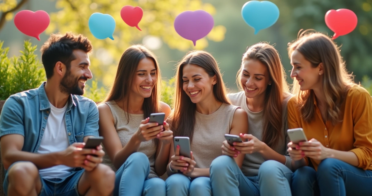 Grupo diverso interagindo em redes sociais com smartphones 