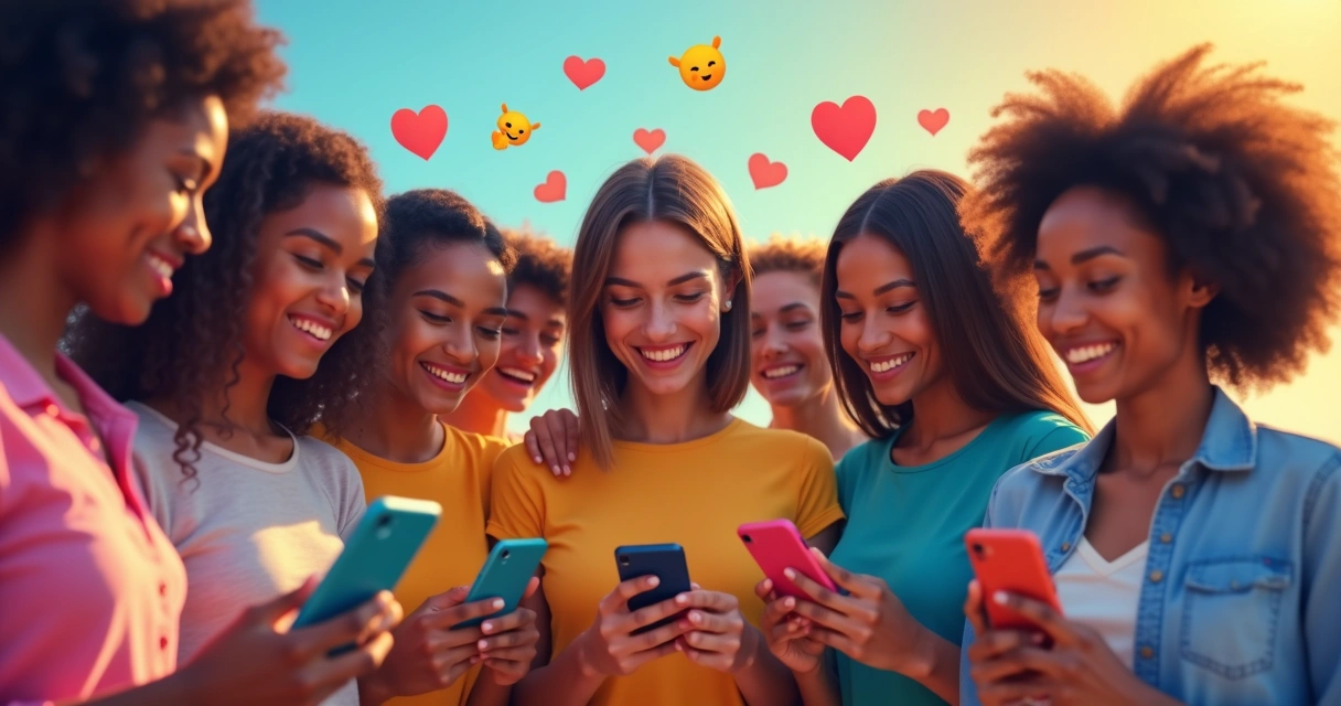 Pessoas reunidas olhando stories do Instagram em diferentes celulares 