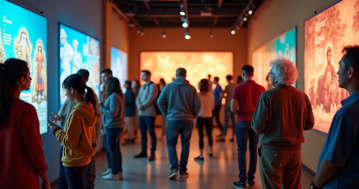 Público diverso visitando exposição interativa sobre independências americanas em museu