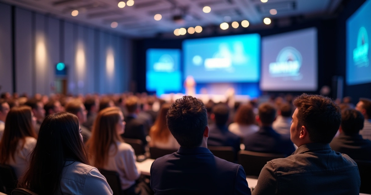 Público engajado em auditório de evento B2B, pessoas atentas a uma palestra