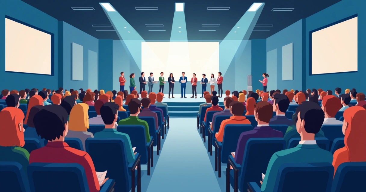 Público diverso em auditório assistindo apresentação coletiva sem destaque para liderança