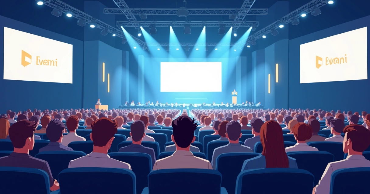 Auditório lotado com público atento olhando para o palco, evento presencial com clima profissional 