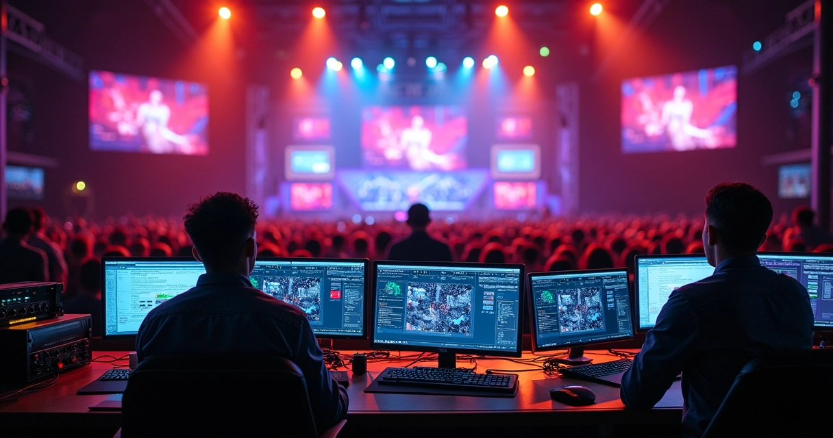 Equipe técnica monitorando computadores durante transmissão ao vivo de evento 