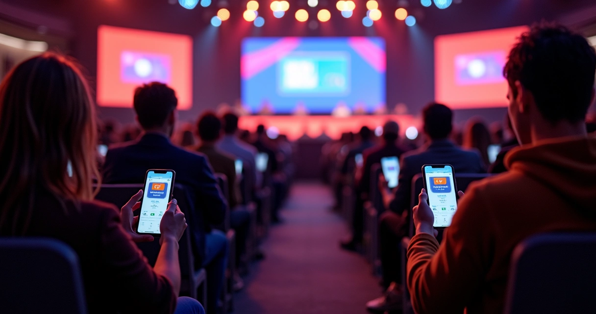 Pessoas usando smartphones para votar em um evento 