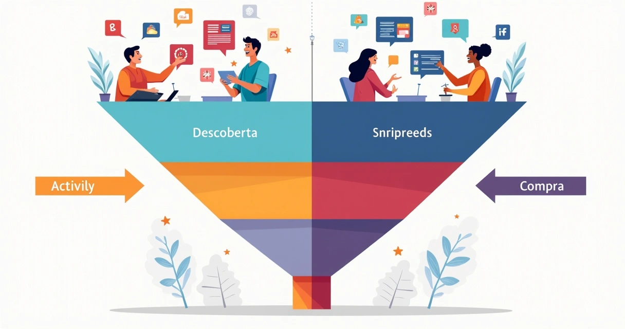 Gráfico funil de vendas, com ícones representando intenção e descoberta em cada etapa 