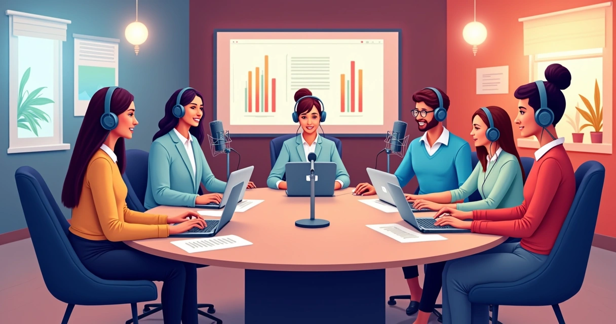 Grupo de pessoas gravando podcast em estúdio moderno com microfones e laptop 