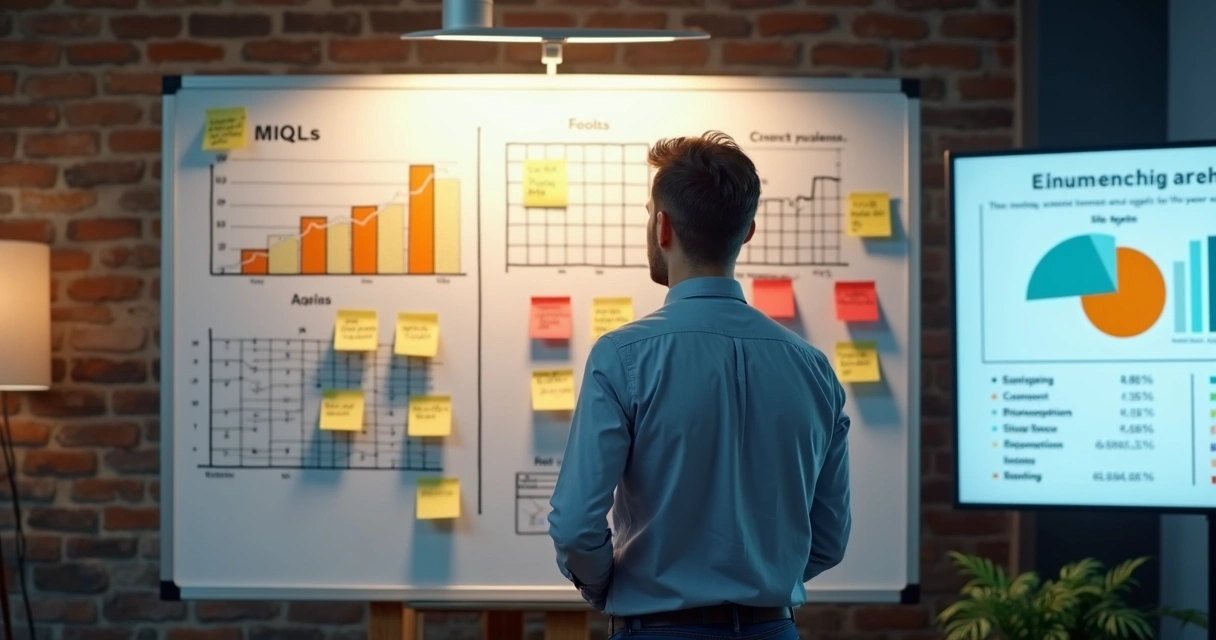 Homem analisando gráficos ao lado de quadros com post-its, focando em público qualificado.