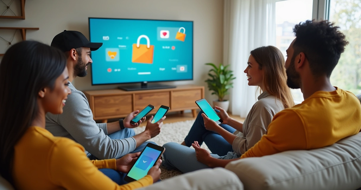 Pessoas com smartphones interagindo com transmissão de vendas ao vivo em sala moderna 