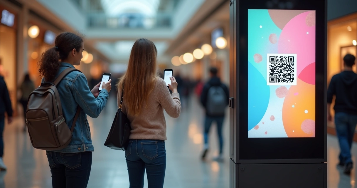 Pessoas interagindo com totem digital exibindo QR Code em área movimentada