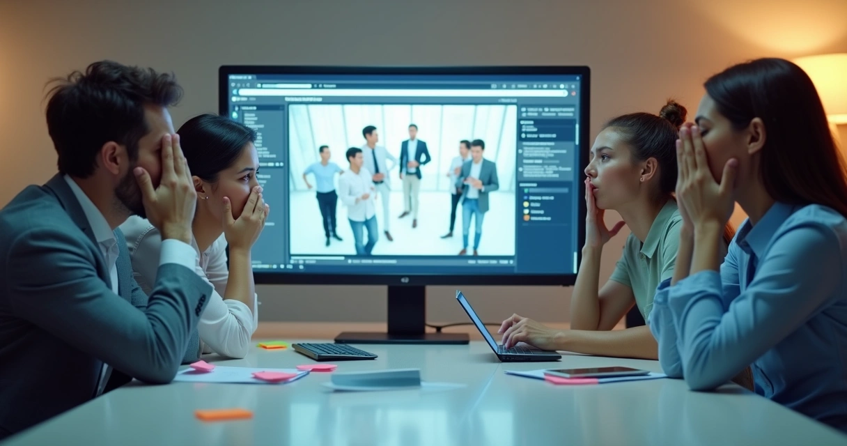Grupo de pessoas em frente a um computador, visivelmente irritados com anúncios repetidos