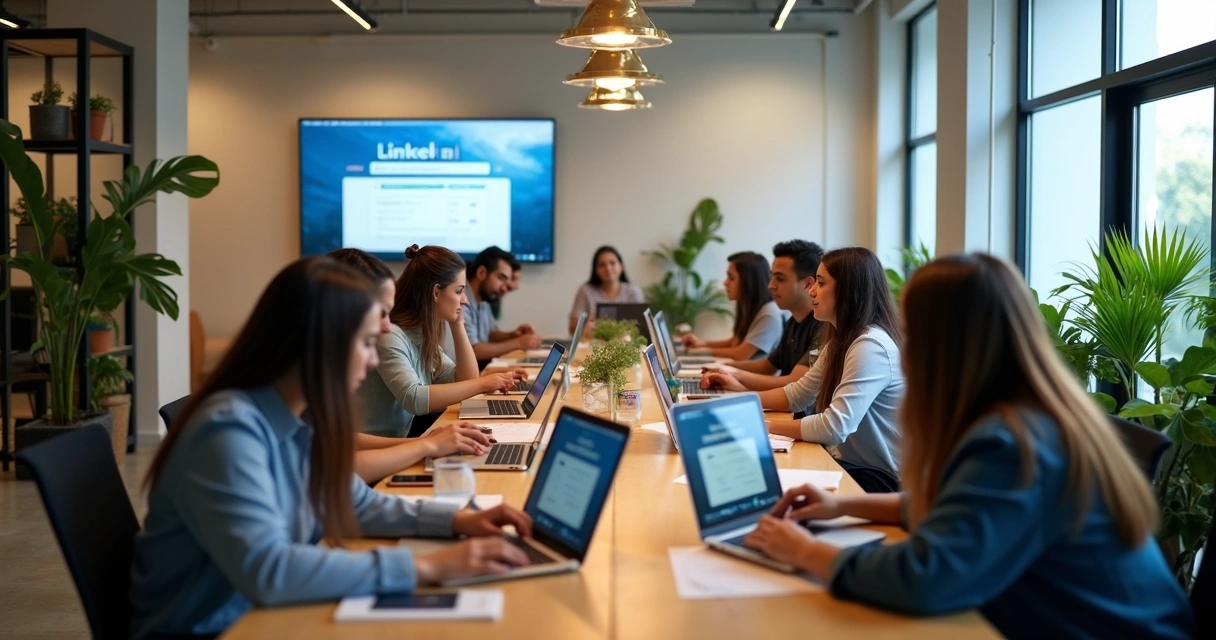 Usuários multitarefa em notebooks e celulares com interface do LinkedIn na tela 