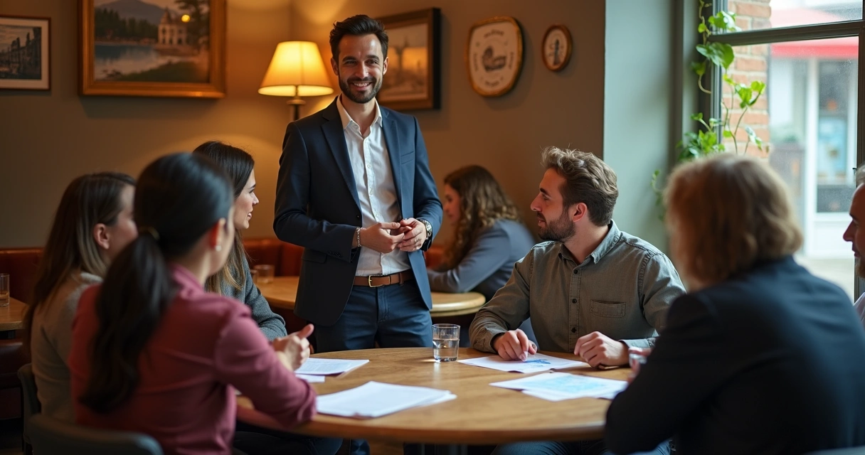 Vendedor falando com grupo de clientes locais em ambiente informal 