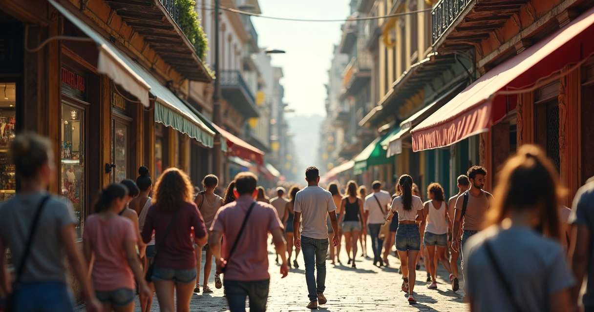 Grupo de pessoas em rua movimentada de São Paulo, algumas olhando vitrines e outras interagindo com celular 