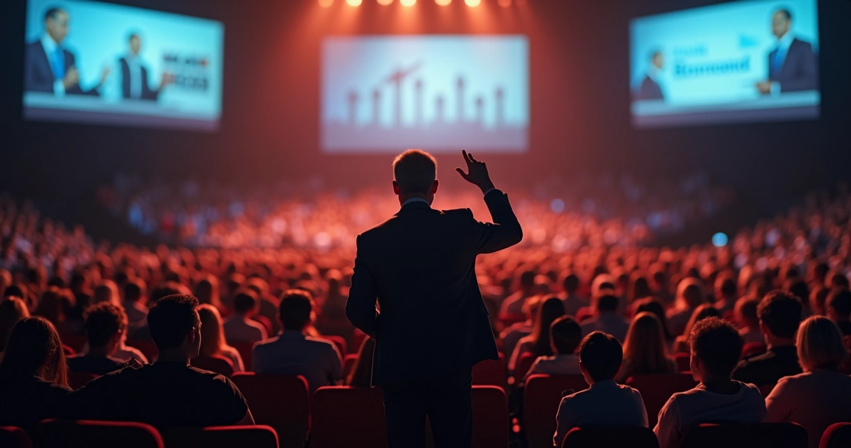 Orador em púlpito diante de plateia com fios invisíveis simbolizando manipulação emocional 