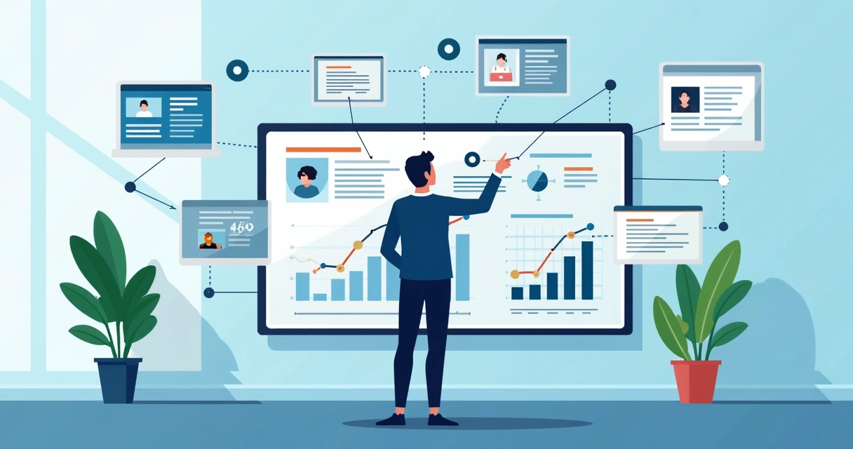 Empresário avaliando diversas plataformas digitais conectadas por linhas, à frente de uma tela com gráficos e anúncios online 