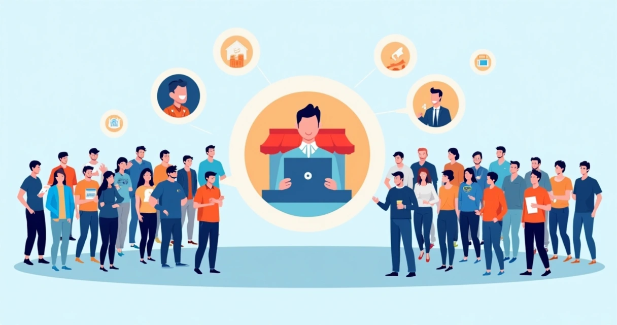 Ícone de empresa pequena rodeada por um grupo seleto de clientes ideais. 