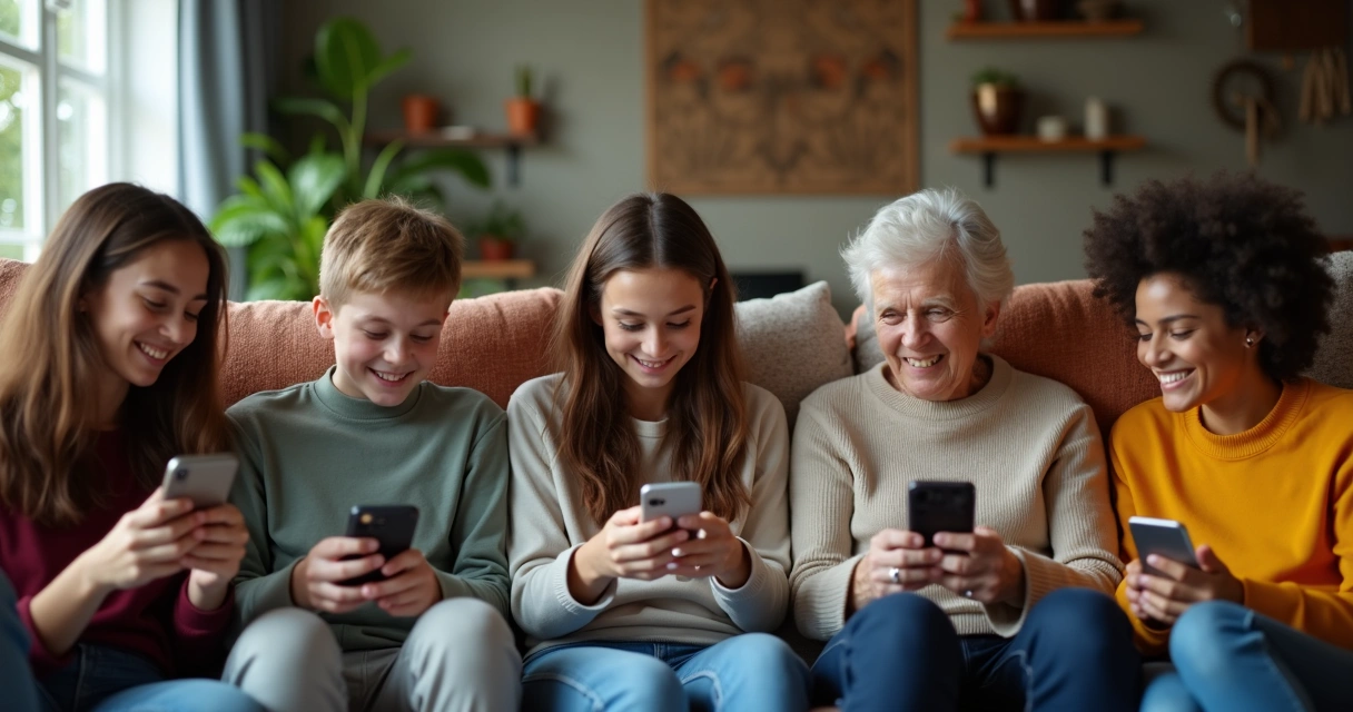 Pessoas diversas interagindo usando celular em grupo pequeno. 