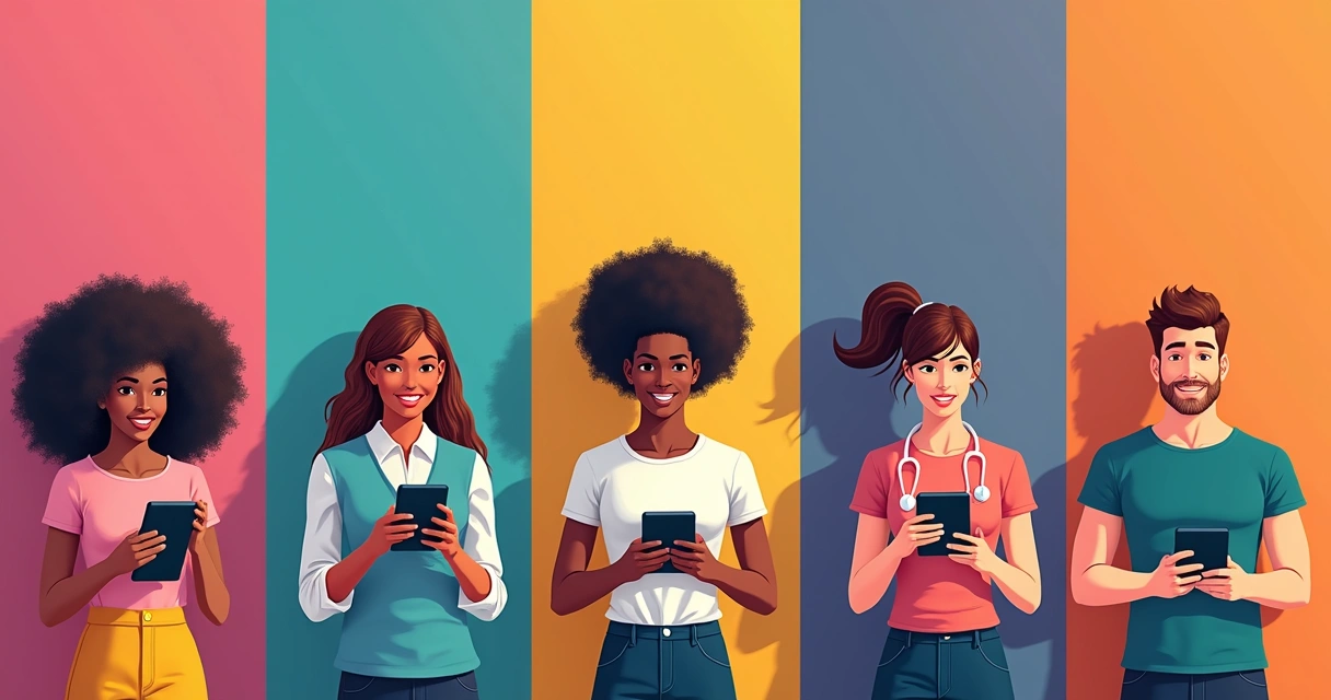 Usuários de vários segmentos olhando para smartphones e tablets 