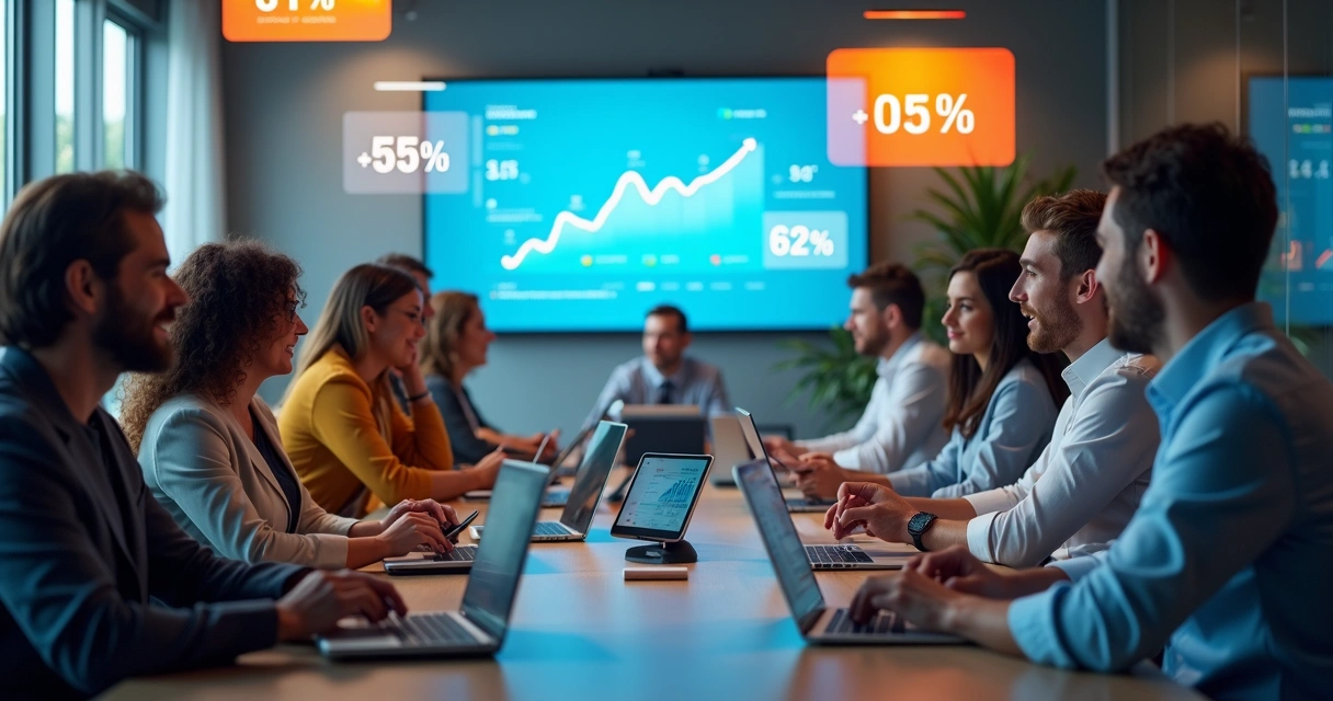 Pessoas usando computadores e smartphones em uma sala moderna 