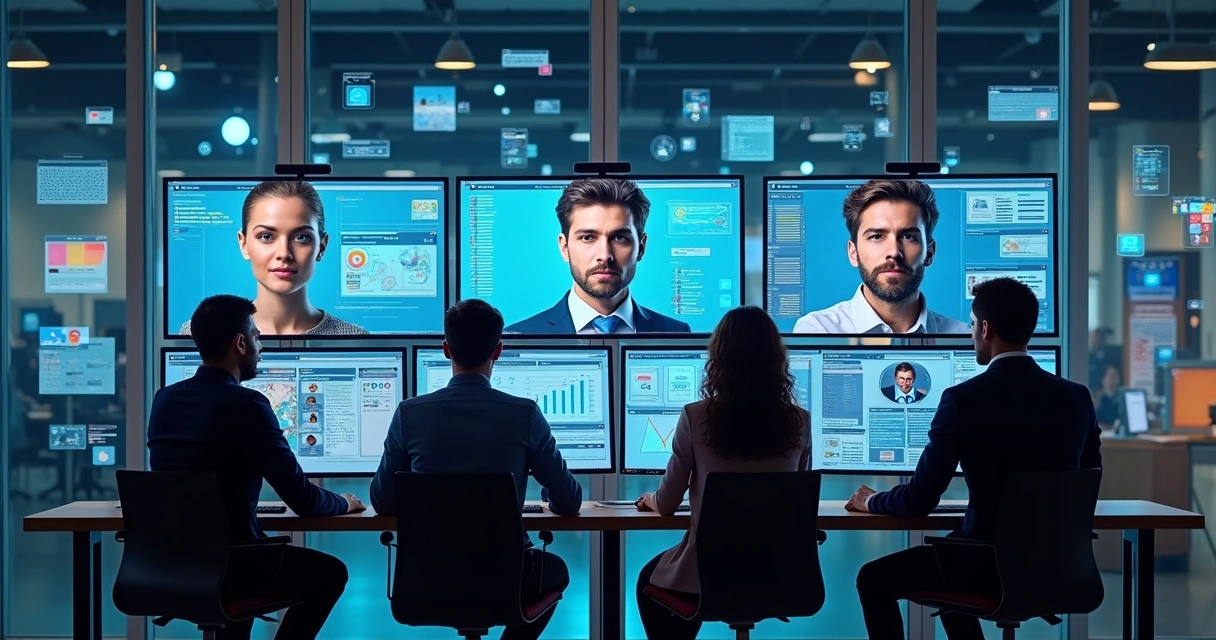Equipe de marketing observando diferentes perfis de público em telas de computador