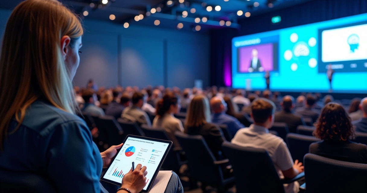 Profissionais de marketing em auditório discutindo estratégias de audiência qualificada 