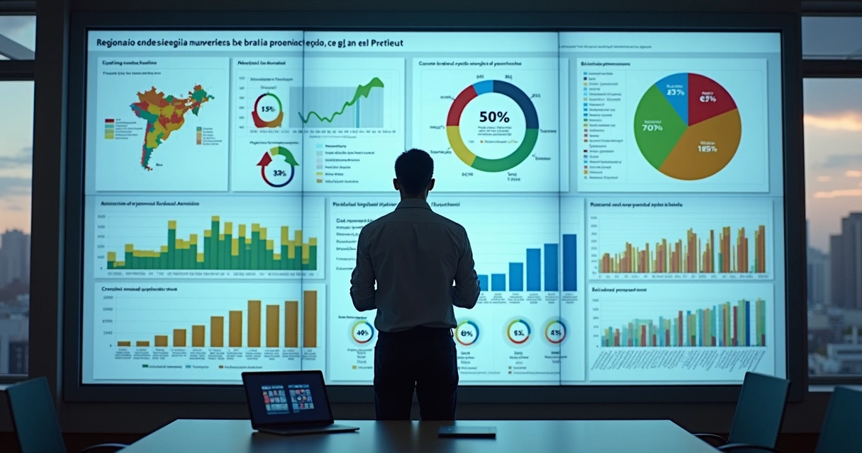 Homem analisando painel com gráficos de audiência regional 