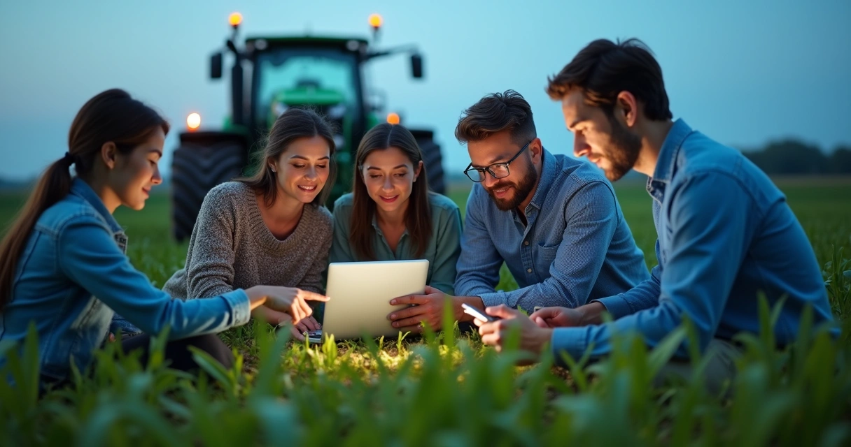 Grupo rural com dispositivos digitais ao ar livre 