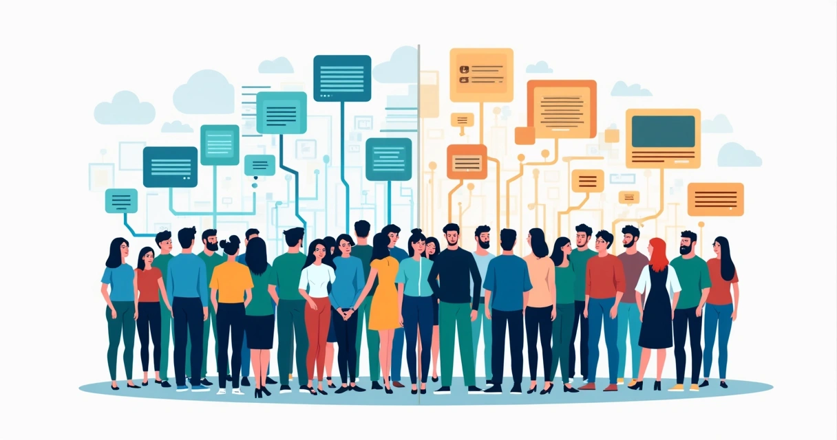Ilustração colorida de um público segmentado em grupos identificados por cores e setas apontando para anúncios personalizados 