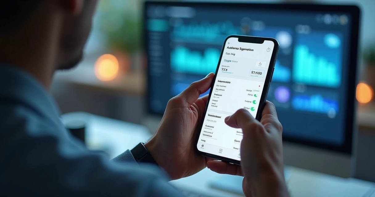Mão mexendo no celular com filtro de público em anúncio digital 