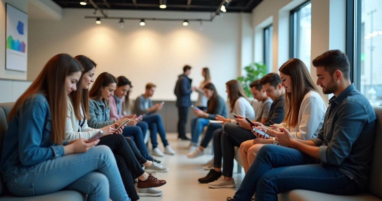 Grupo de pessoas de diferentes idades usando smartphones, focados em aplicativos de serviço 