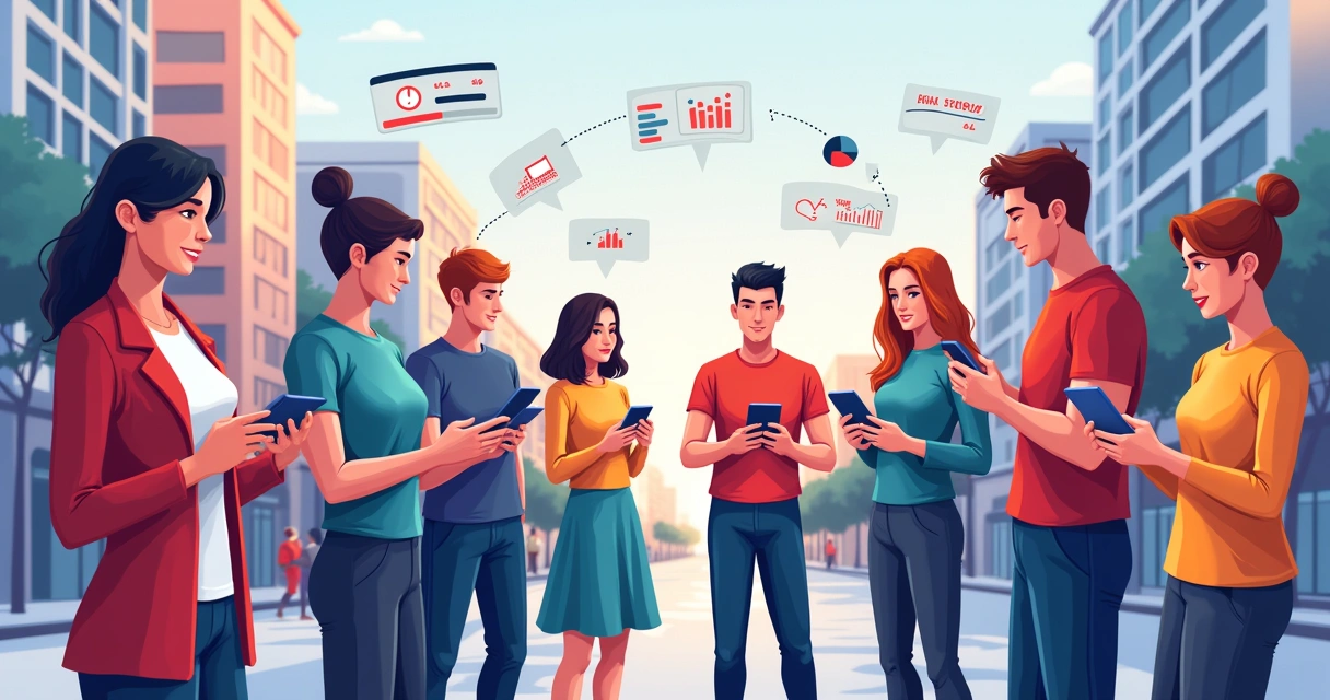 Grupo de pessoas diversas com smartphones em ambiente urbano de Curitiba 