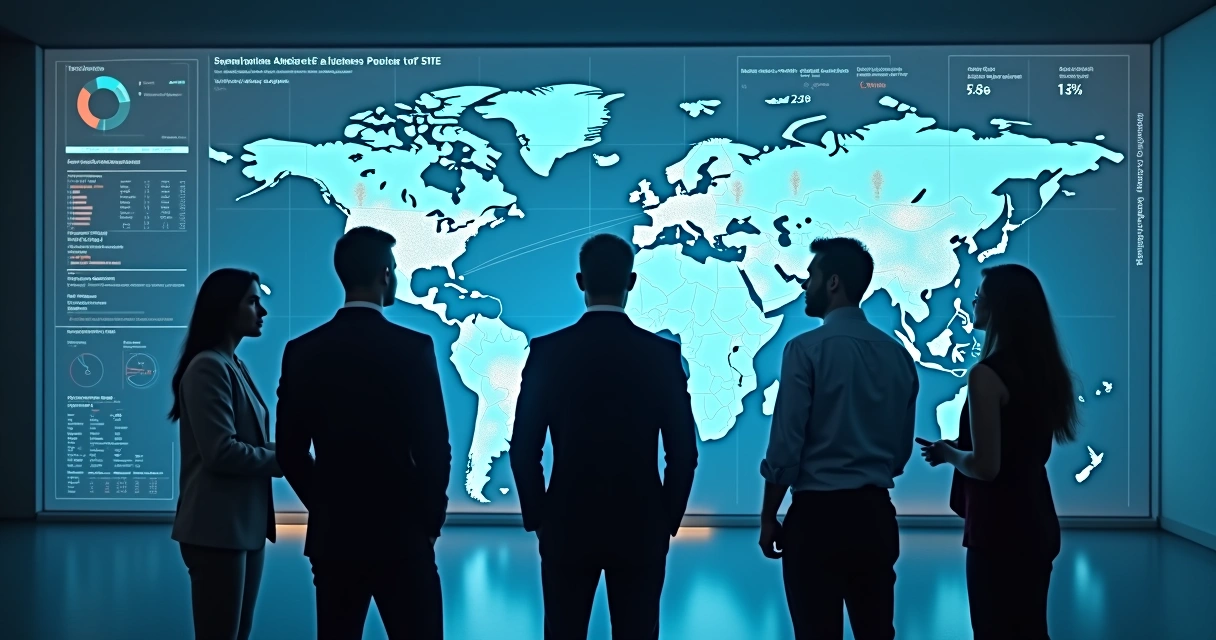 Equipe analisando público segmentado em painel digital 