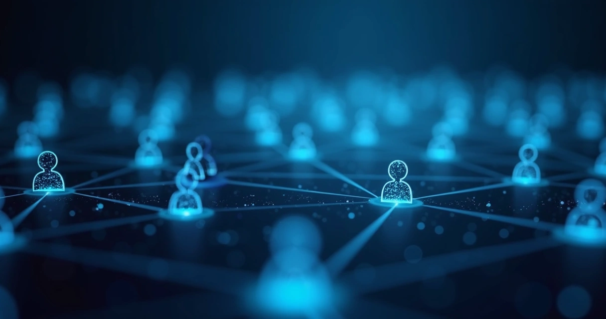 Círculo de pessoas conectadas por linhas em fundo digital escuro mostrando segmentação de público 