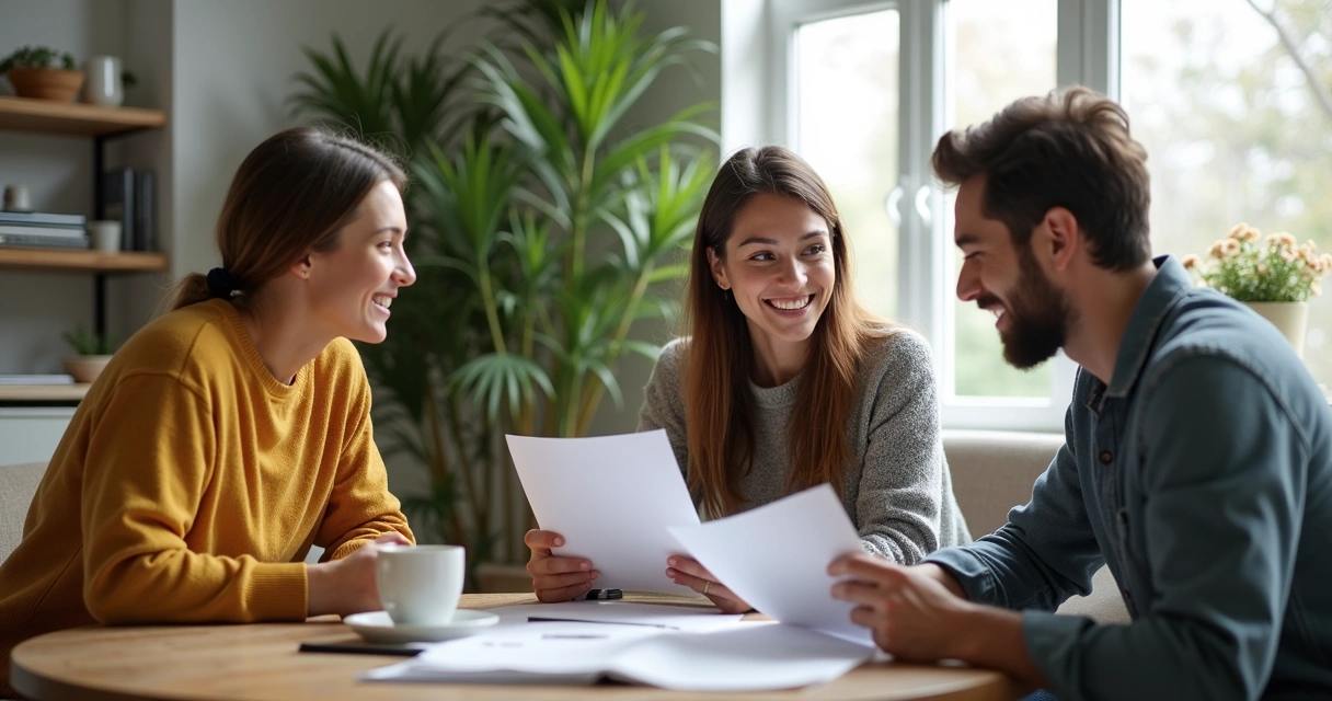 Jovens adultos em apartamento moderno analisando papéis de locação e seguro 