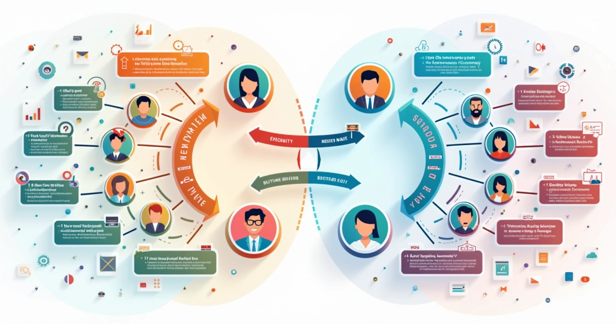 Infográfico colorido mostrando o fluxo de dados de um público original para um público semelhante, com ícones representando empresas e profissionais 