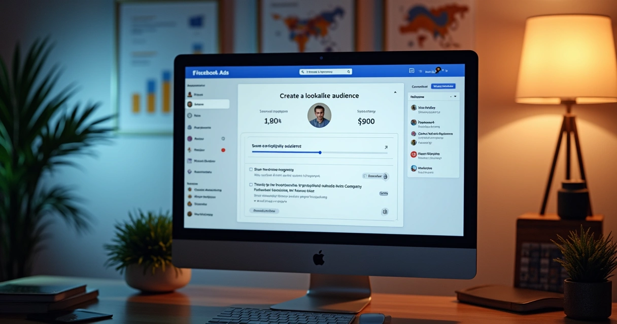 Tela de computador exibindo criação de público semelhante no Facebook Ads com gráficos de crescimento e dados 