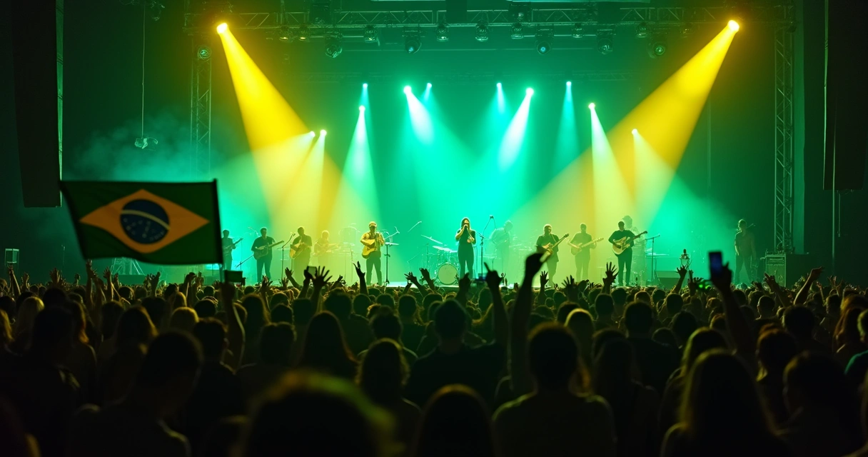 Público animado no show brasileiro com luzes coloridas e palco na Flórida 