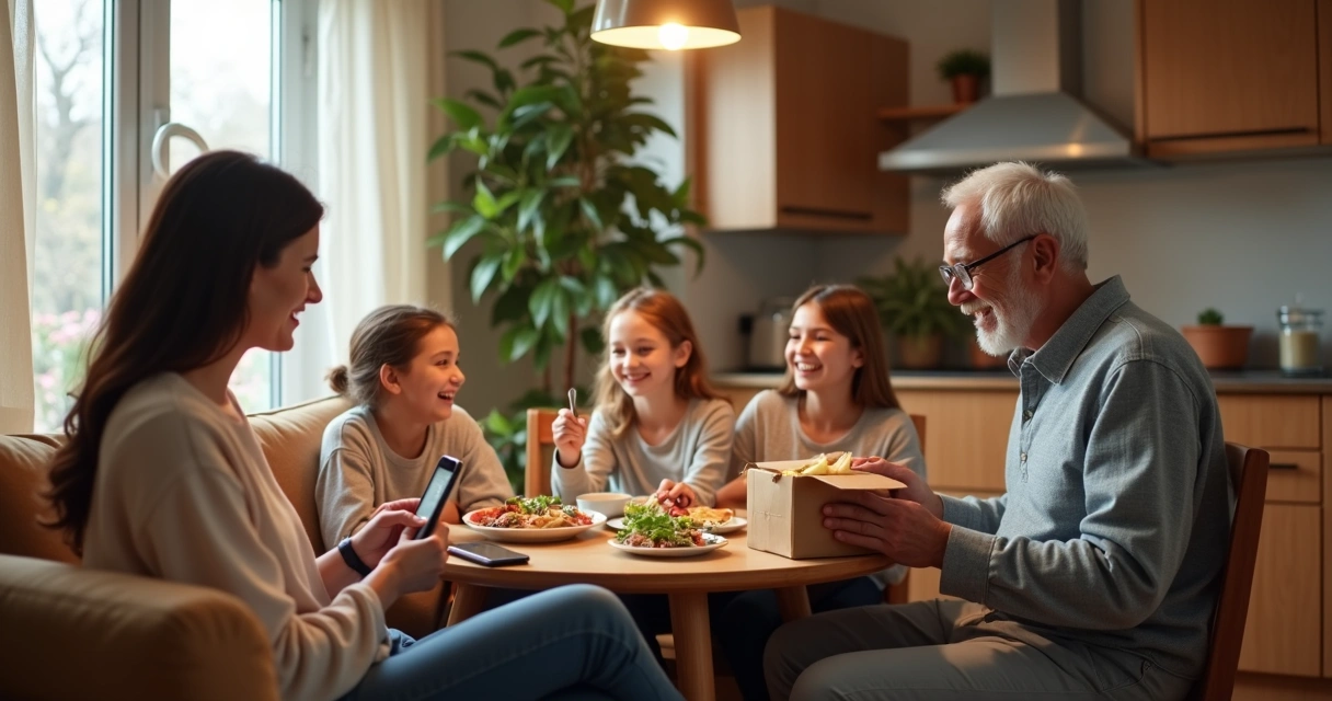 Pessoas de diferentes idades e estilos olhando cardápios em celulares e recebendo entregas em casa 