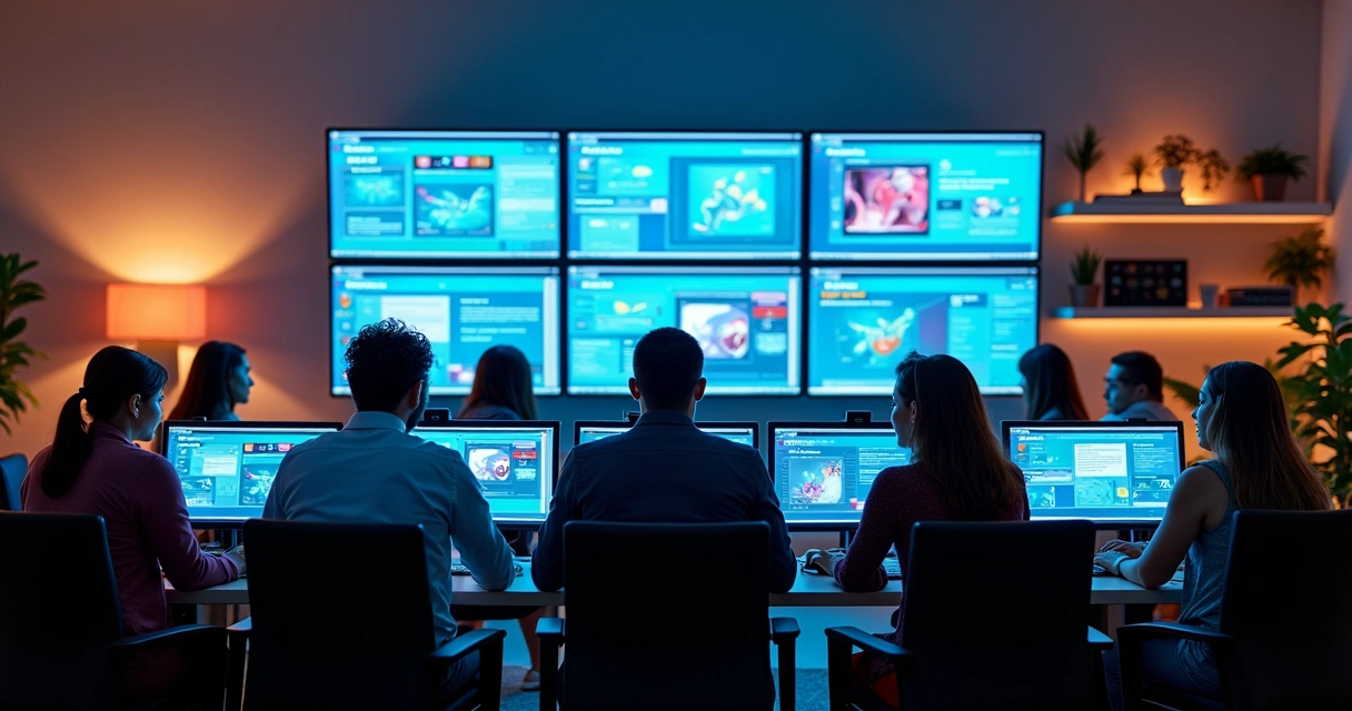 Pessoas olhando para computadores em um escritório moderno