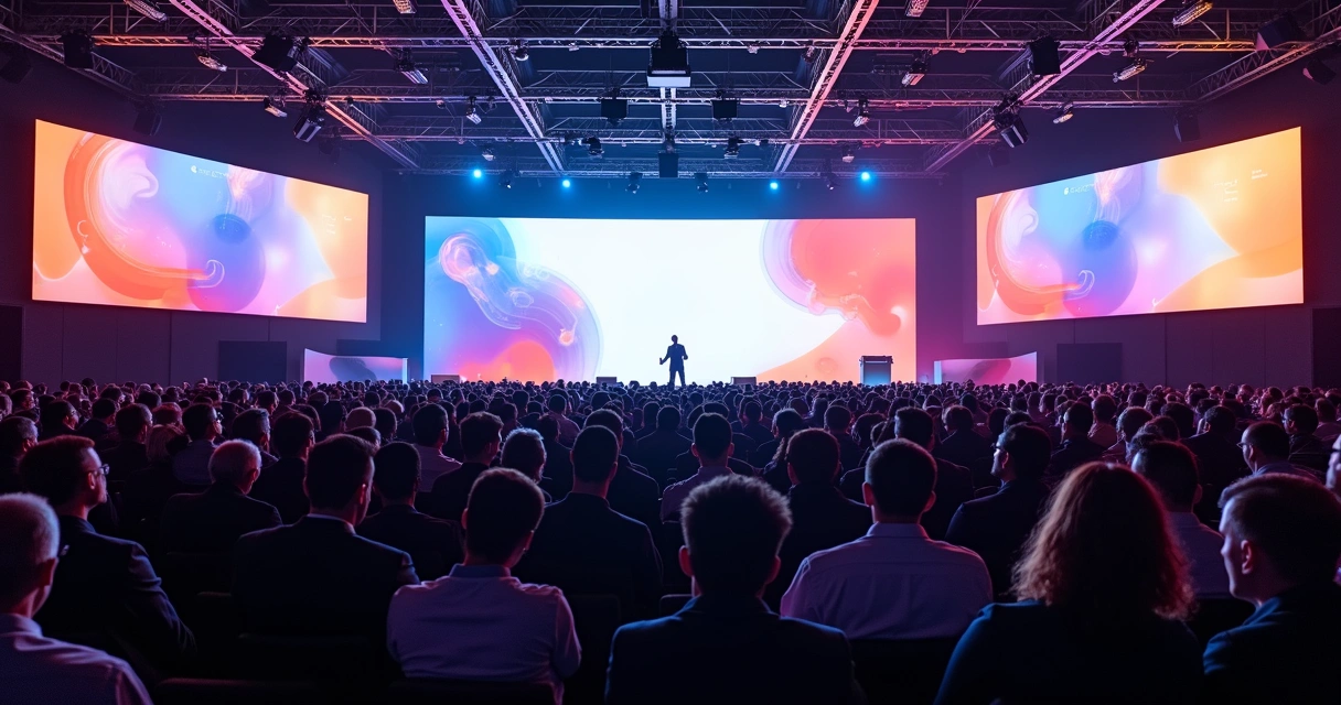 Auditório lotado em evento de e-commerce com palco iluminado e telões de LED 