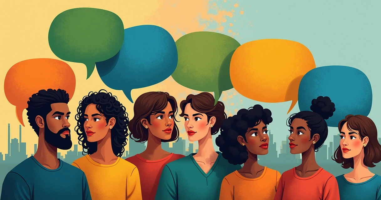 Montagem de rostos diversos com balões de fala representando opiniões