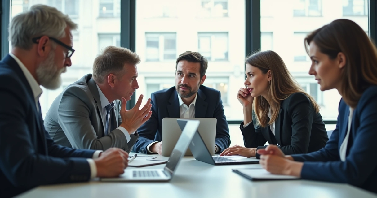 Grupo de profissionais diversos conversando em ambiente de escritório 