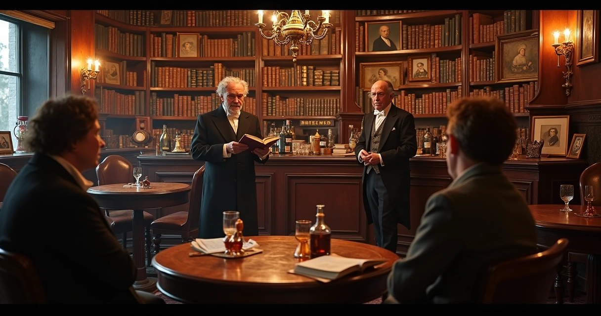 Interior de pub literário com guias em atuação 