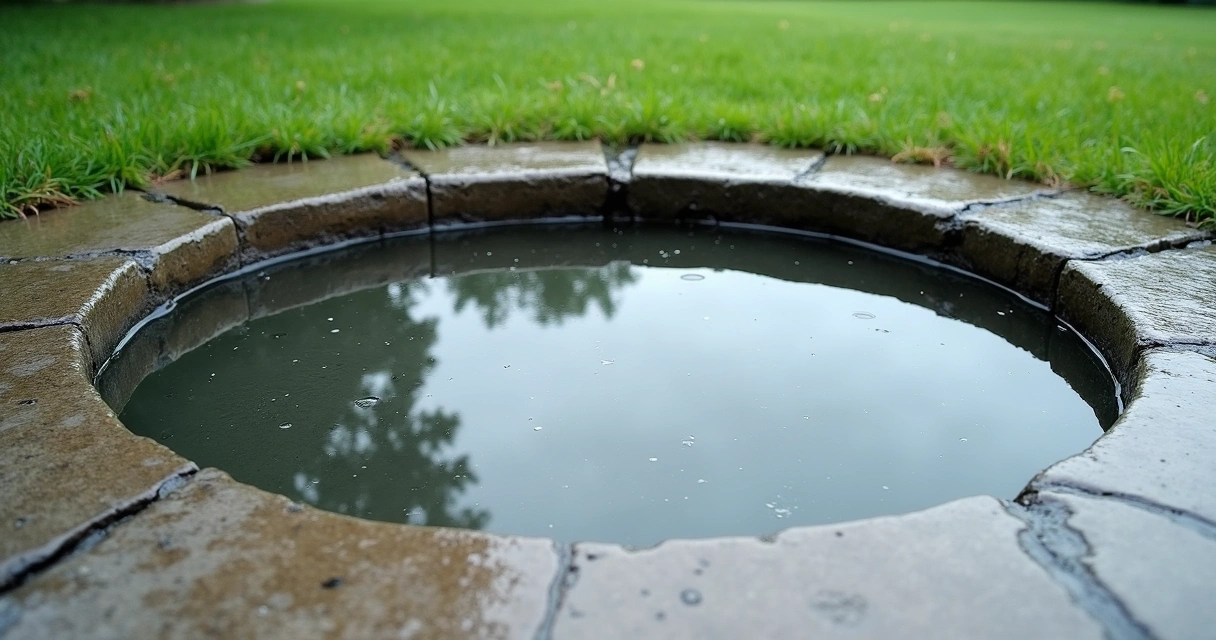 Rainwater puddle on cracked concrete patio surface