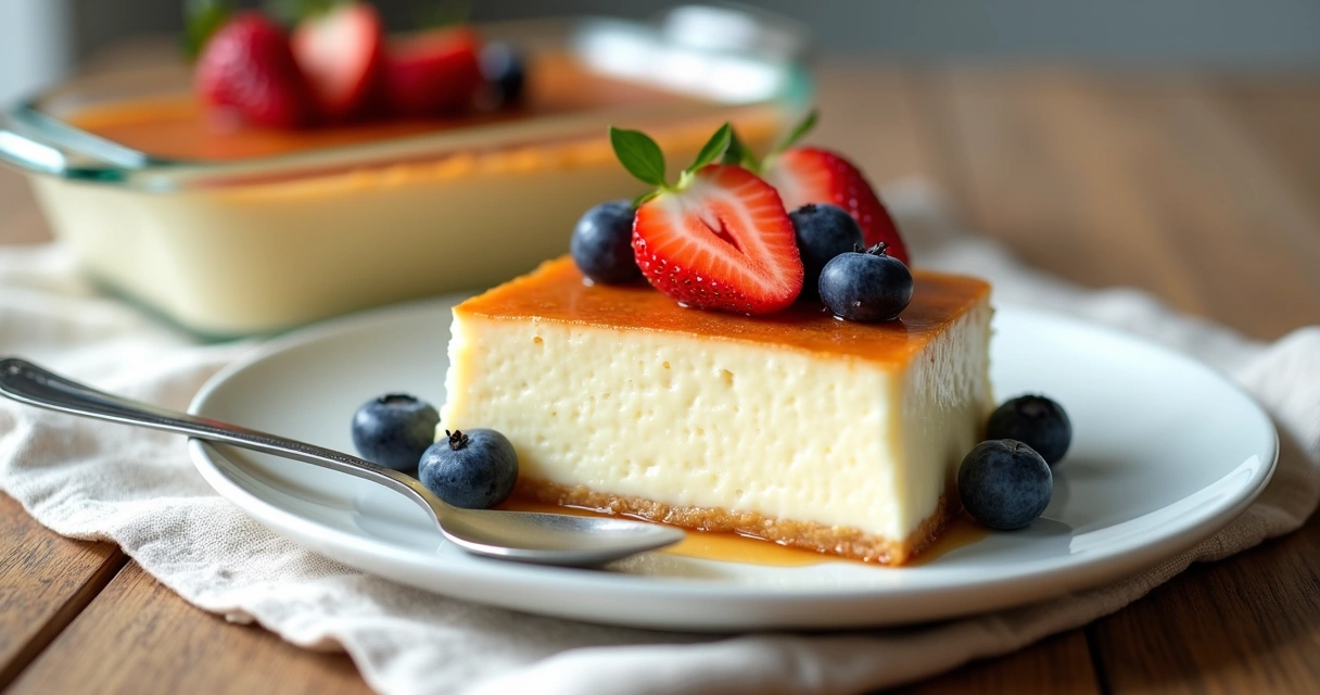 Pudim de leite de coco sem lactose em uma travessa, fatiado e servido com frutas vermelhas