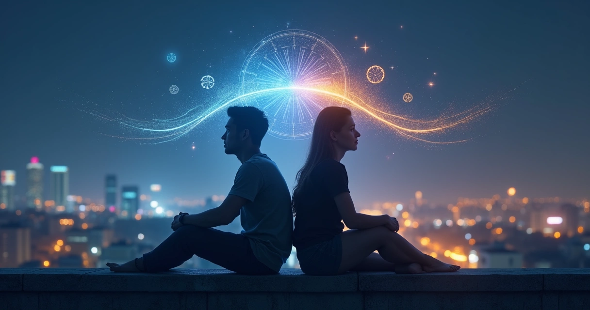 Dos siluetas humanas unidas por un puente de luz entre sus mentes 