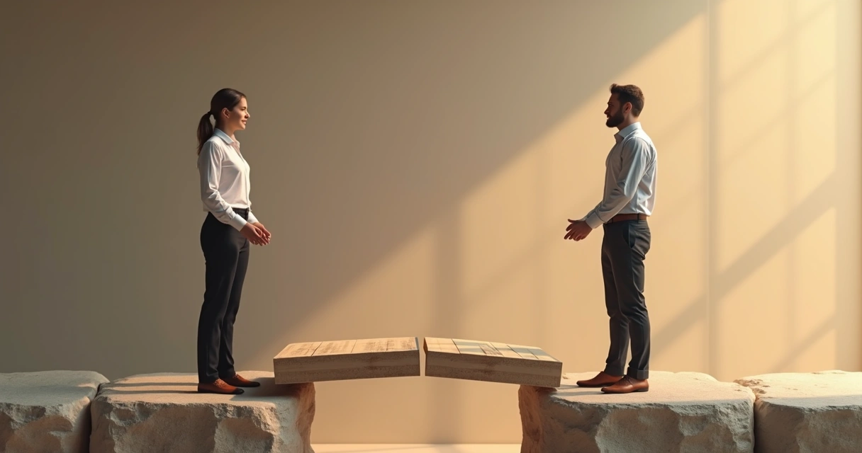 Dos personas tendiendo un puente simbólico entre lados opuestos