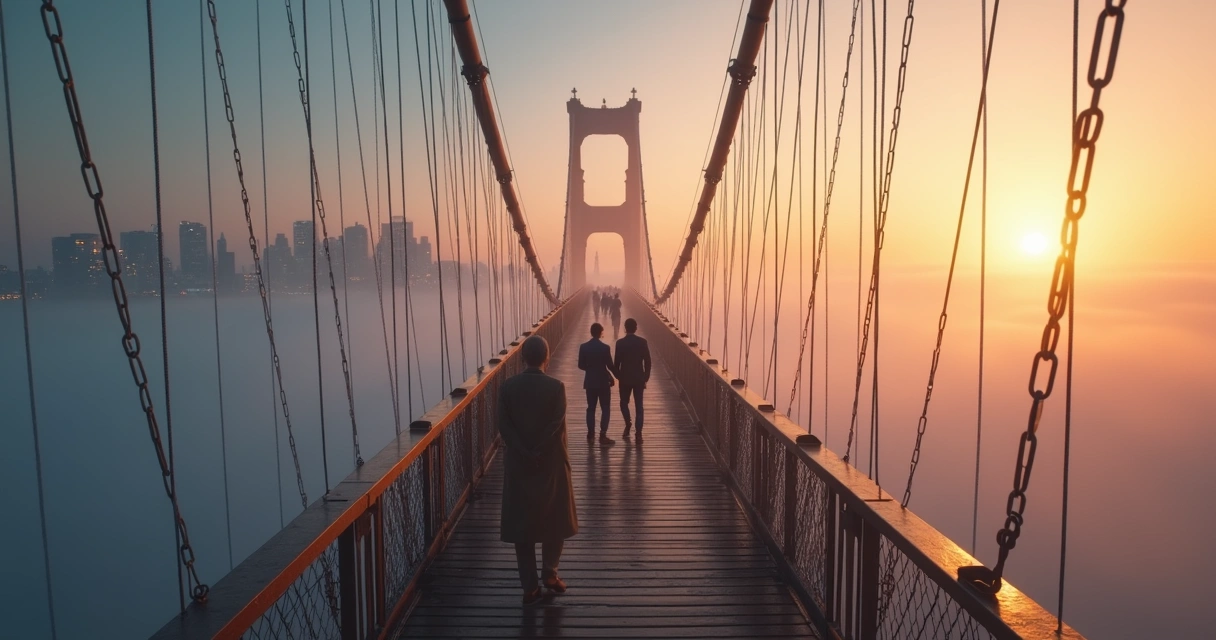 Personas cruzando un puente colgante entre niebla hacia una ciudad luminosa 