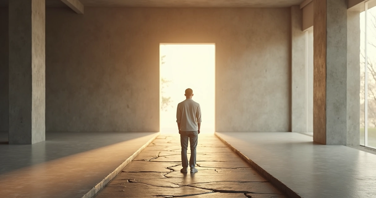 Persona frente a dos caminos que se unifican simbolizando el perdón e integración personal 