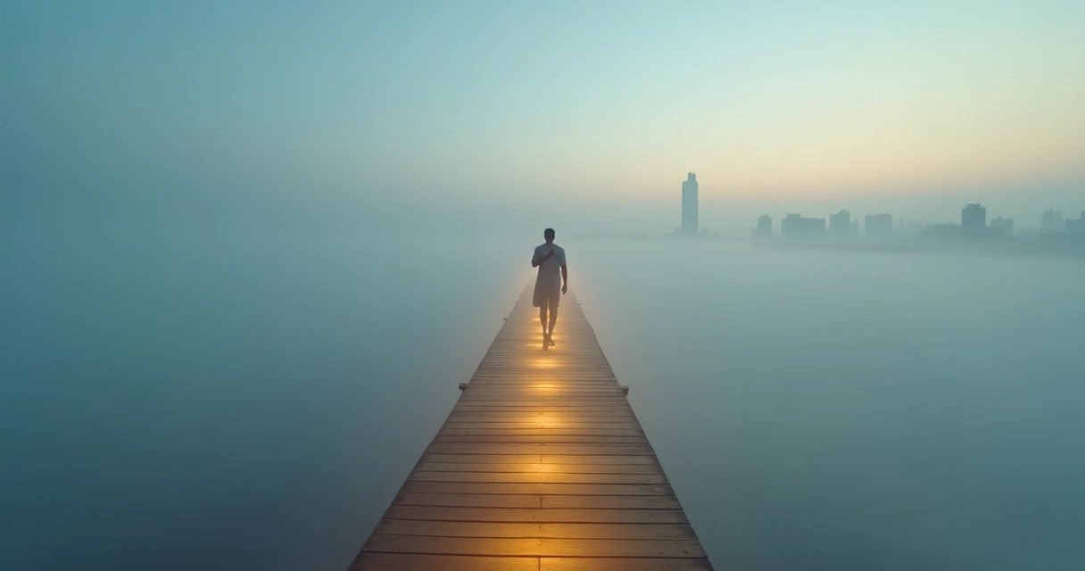 Persona cruzando un puente luminoso sobre niebla hacia una ciudad al fondo 